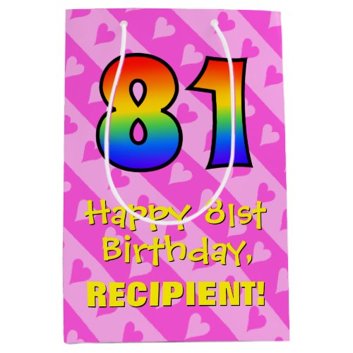 81st Birthday Fun Pink Hearts Stripes Rainbow 81 Medium Gift Bag