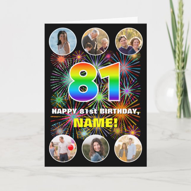 81st Birthday: Fun Rainbow #, Custom Name & Photos Card (Front)