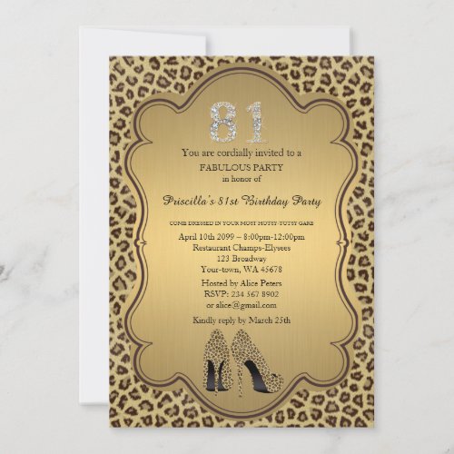 81st Birthday invitation numbers diamondsCheetah Invitation