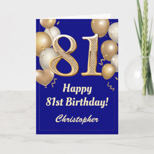 81st Birthday Navy Blue and Gold Balloons Confetti Card