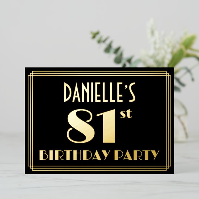 81st Birthday Party: Art Deco Look “81”, w/ Name Foil Invitation (Standing Front)