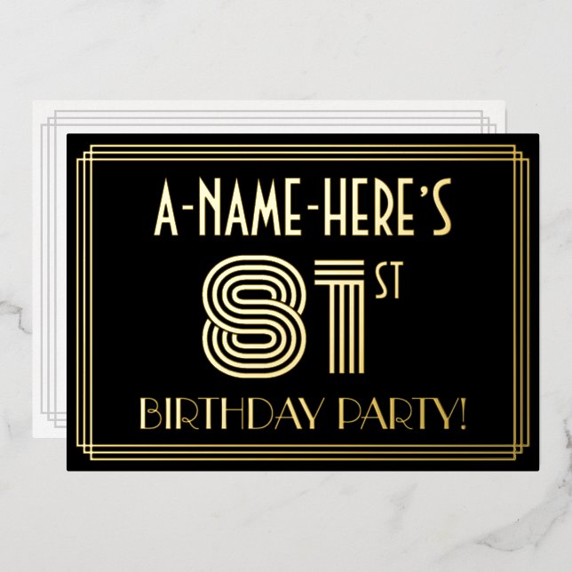 81st Birthday Party — Art Deco Style “81” + Name Foil Invitation (Front/Back)