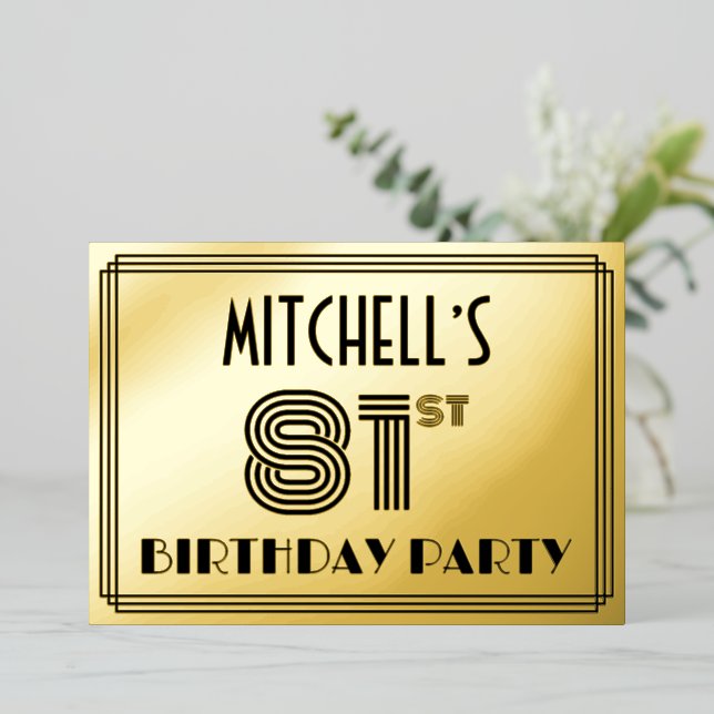 81st Birthday Party — Art Deco Style “81” & Name Foil Invitation (Standing Front)