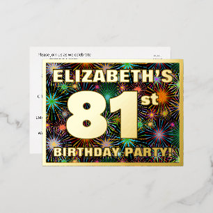 81st Birthday Party: Bold, Colorful Fireworks Look Foil Invitation Postcard