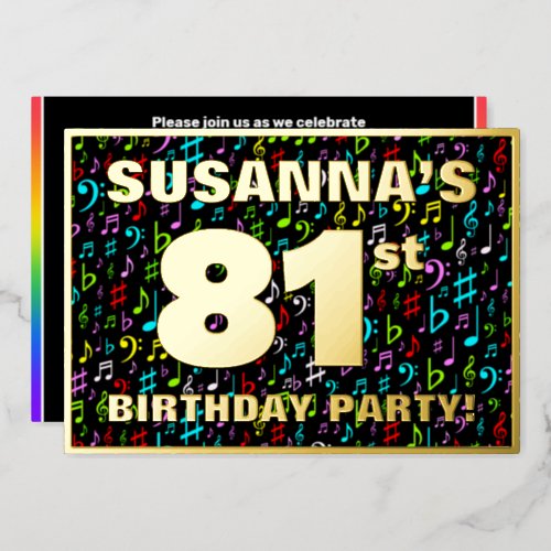 81st Birthday Party  Fun Colorful Music Symbols Foil Invitation