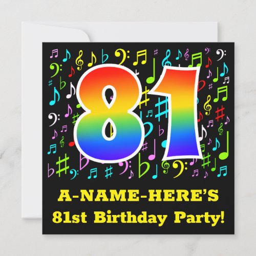 81st Birthday Party Fun Music Symbols Rainbow 81 Invitation