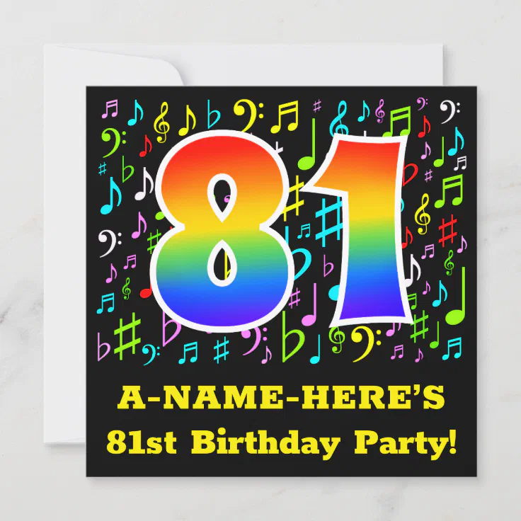 81st Birthday Party: Fun Music Symbols, Rainbow 81 Invitation | Zazzle