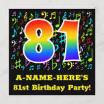 [ Thumbnail: 81st Birthday Party: Fun Music Symbols, Rainbow 81 Invitation ]