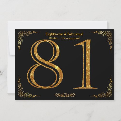 81st Birthday partystylblack gold glitter Invitation