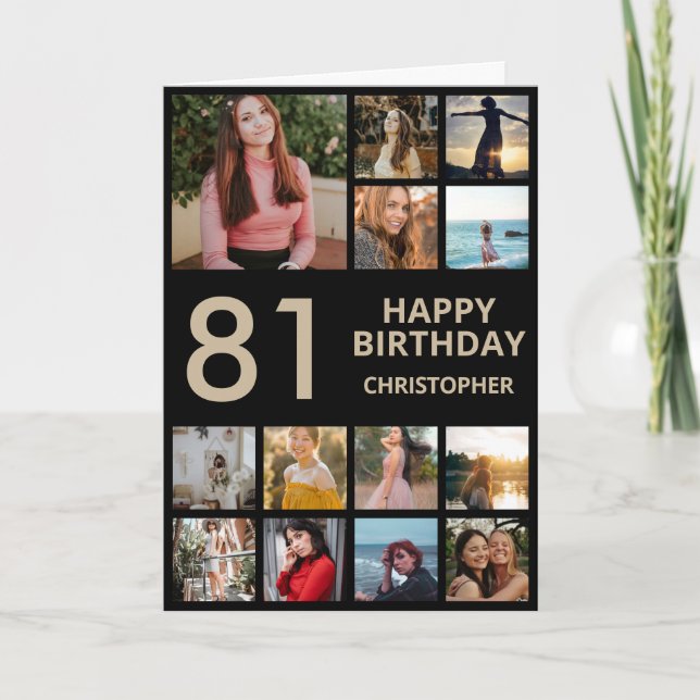 81st Birthday Photo Collage 13 Photos Black & Gold Card (Front)