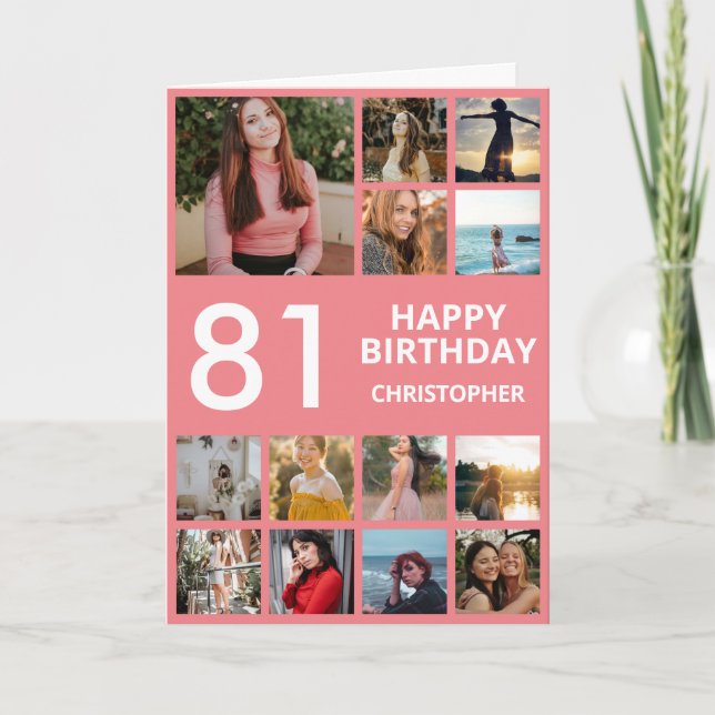 81st Birthday Photo Collage 13 Photos Pink & White Card (Front)
