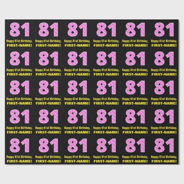 81st Birthday: Pink Stripes and Hearts "81" + Name Wrapping Paper (Flat)