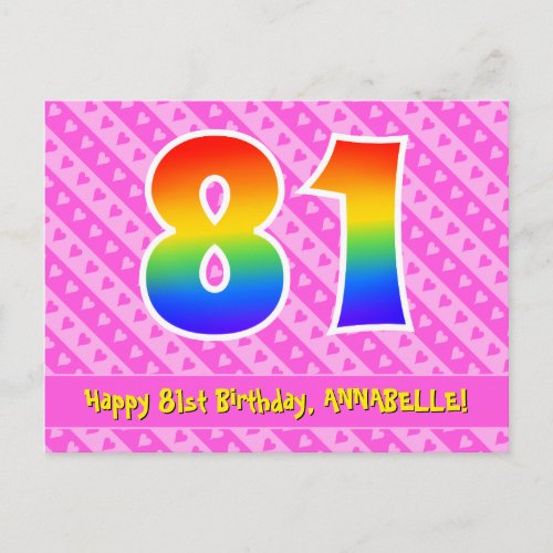 81st Birthday Pink Stripes  Hearts Rainbow 81 Postcard