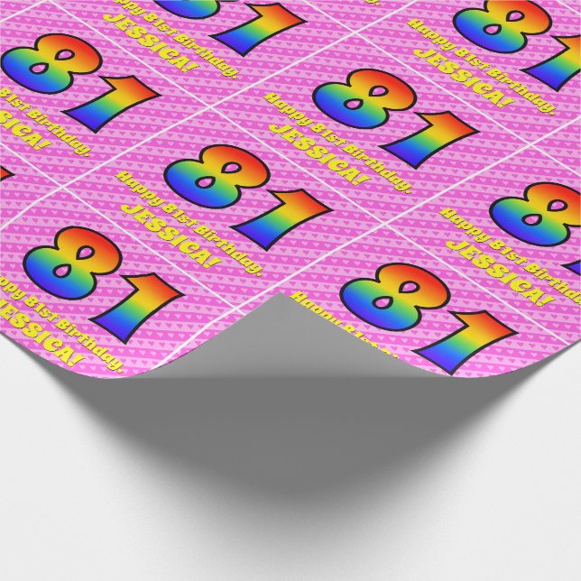 81st Birthday: Pink Stripes & Hearts, Rainbow # 81 Wrapping Paper (Corner)