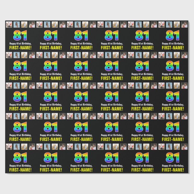 81st Birthday: Rainbow “81“; Custom Photos & Name Wrapping Paper (Flat)
