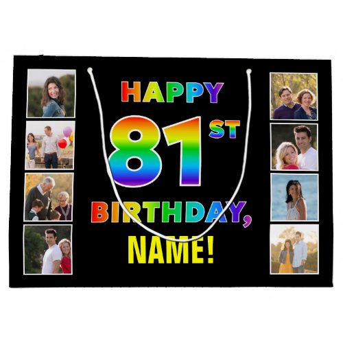 81st Birthday Rainbow Text Custom Photos  Name Large Gift Bag