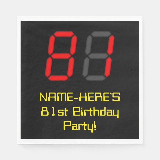 81st Birthday: Red Digital Clock Style "81" + Name Napkins (Front)