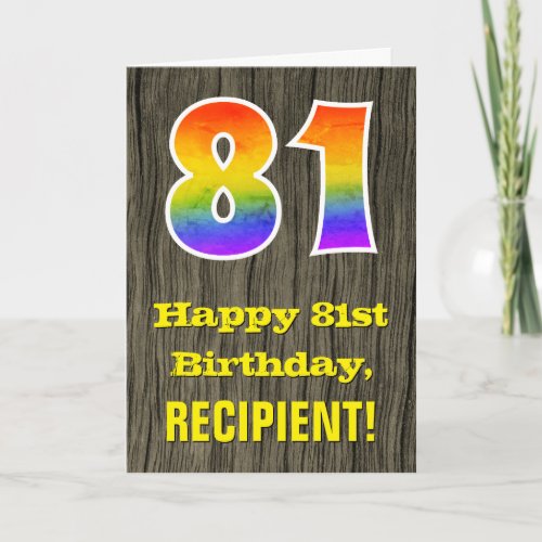 81st Birthday Rustic Faux Wood Look Rainbow 81 Card