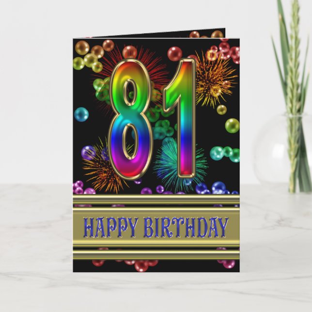 81st Birthday with rainbow bubbles and fireworks Card (Front)