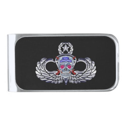 82nd Airborne Division Silver Skull Black Master Silver Finish Money Clip