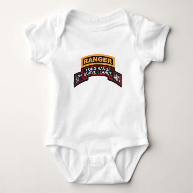 82nd Airborne LRS Scroll, Ranger Tab Baby Bodysuit (Front)