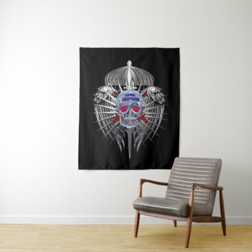 82nd Airborne Stunning Silver Skull Metallic Wings Tapestry