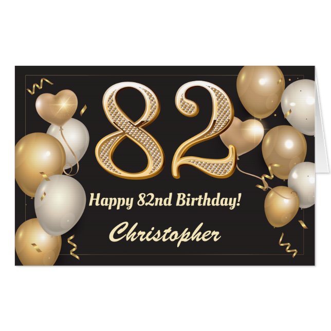 82nd Birthday Black and Gold Balloons Extra Large Card (Front Horizontal)