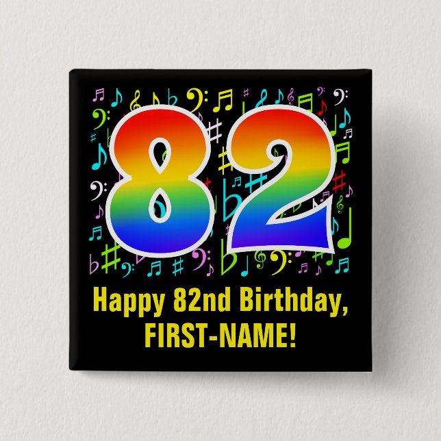 82nd Birthday: Colorful Music Symbols, Rainbow 82 Button (Front)