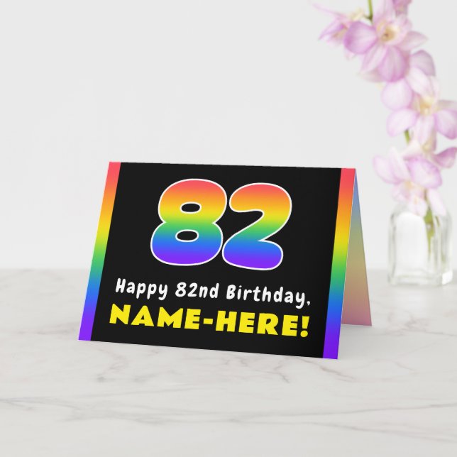 82nd Birthday: Colorful Rainbow # 82, Custom Name Card (Orchid)