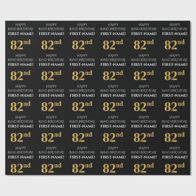 82nd Birthday: Elegant, Black, Faux Gold Look Wrapping Paper (Flat)