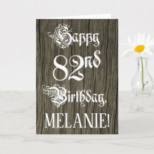 82nd Birthday: Fancy, Elegant Text; Faux Wood Look Card