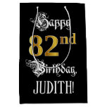 [ Thumbnail: 82nd Birthday ~ Fancy Script; Faux Gold Look; Name Gift Bag ]