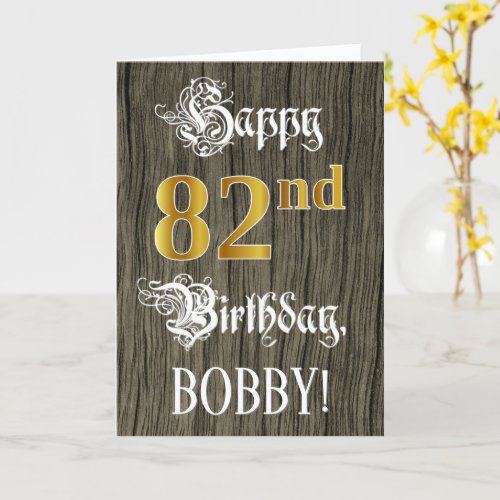 82nd Birthday Faux Gold Look  Faux Wood Pattern Card