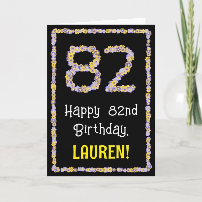 82nd Birthday: Floral Flowers Number, Custom Name Card (Front)