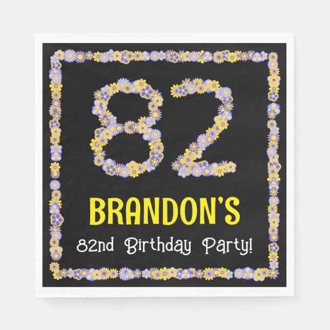 82nd Birthday: Floral Flowers Number, Custom Name Napkins (Front)