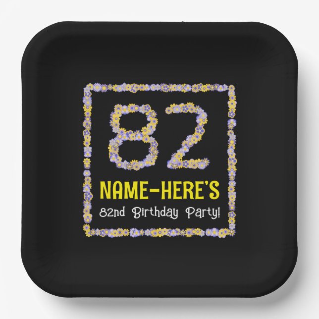 82nd Birthday: Floral Flowers Number, Custom Name Paper Plates (Front)