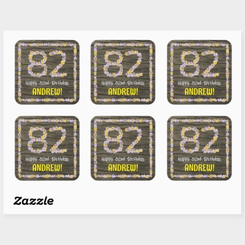 82nd Birthday Floral Number Faux Wood Look Name Square Sticker
