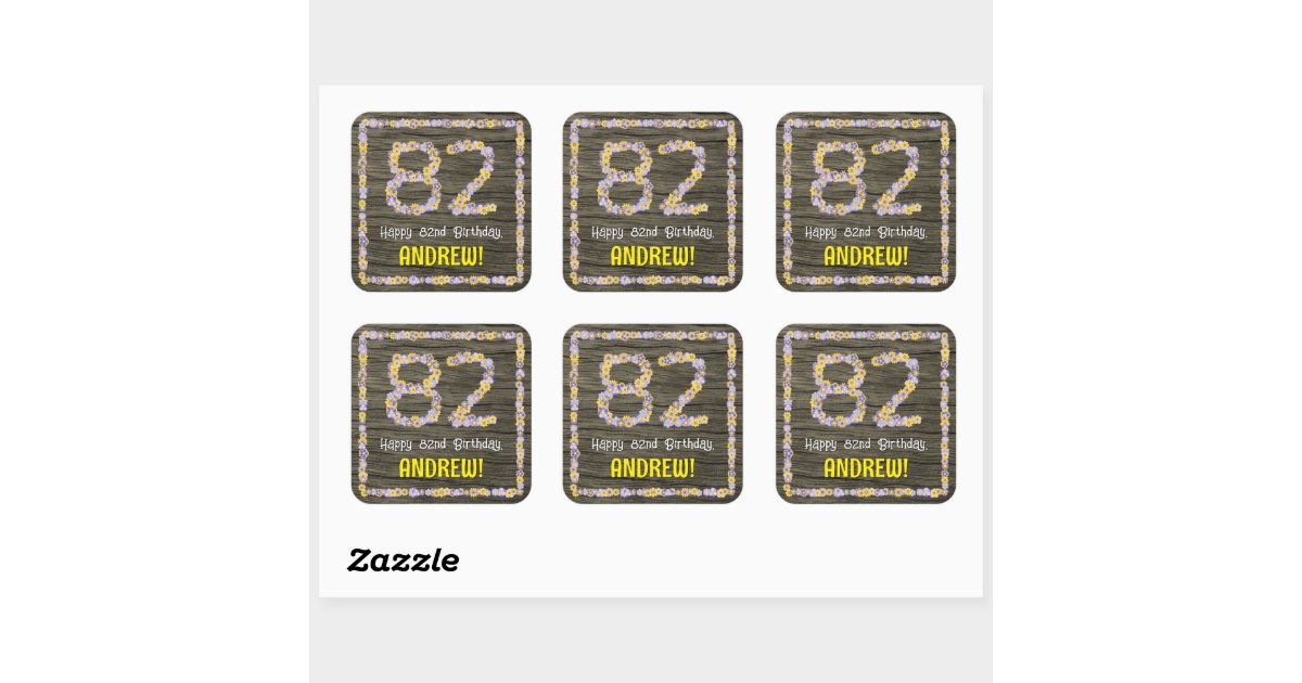 82nd Birthday: Floral Number, Faux Wood Look, Name Square Sticker | Zazzle