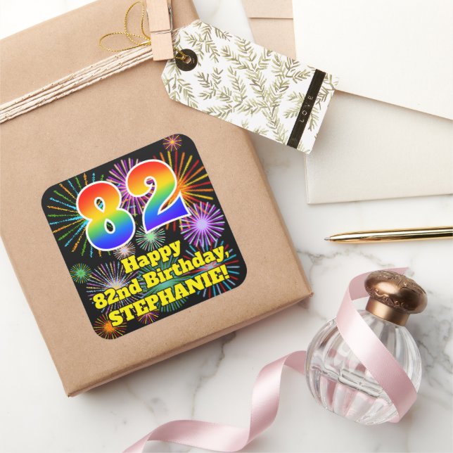 82nd Birthday: Fun Fireworks Look, Rainbow # 82 Square Sticker (Gifting)