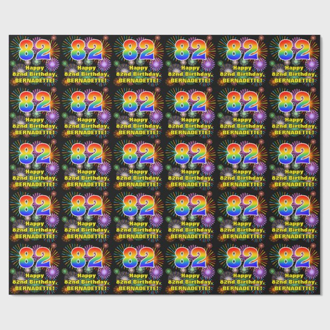 82nd Birthday: Fun Fireworks, Rainbow Look # “82” Wrapping Paper (Flat)