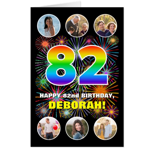 82nd Birthday: Fun Rainbow #, Custom Name + Photos Card (Front)