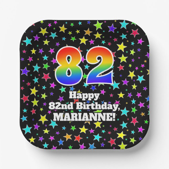 82nd Birthday: Fun Stars Pattern and Rainbow “82” Paper Plates (Front)