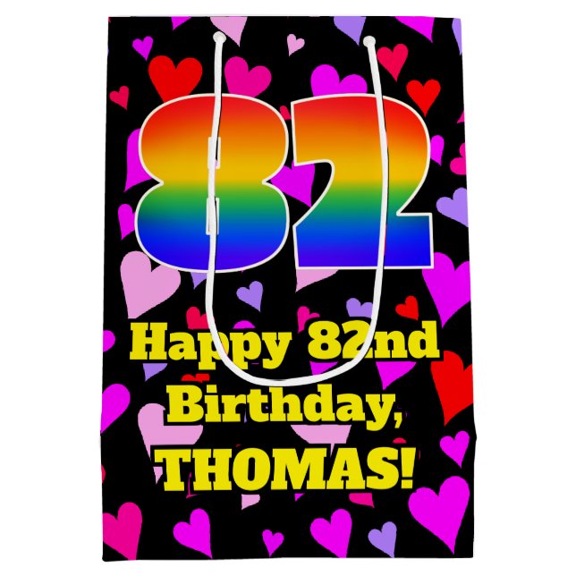 82nd Birthday: Loving Hearts Pattern, Rainbow # 82 Medium Gift Bag (Back)