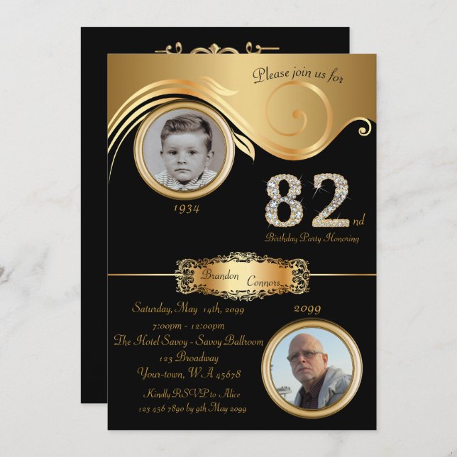 82nd,Birthday Man 82nd,elegant art deco,black gold Invitation (Front/Back)