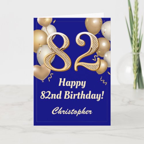 82nd Birthday Navy Blue and Gold Balloons Confetti Card