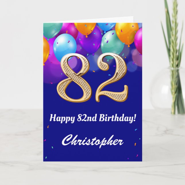82nd Birthday Navy Blue and Gold Colorful Balloons Card (Front)