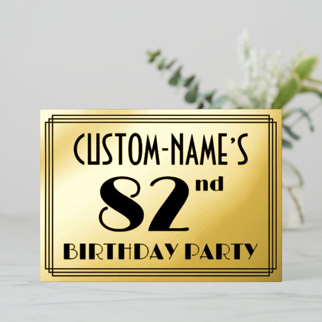 82nd Birthday Party — Art Deco Look “82” + Name Foil Invitation (Standing Front)
