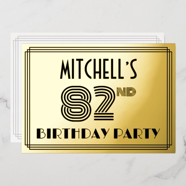82nd Birthday Party — Art Deco Style “82” & Name Foil Invitation (Front/Back)