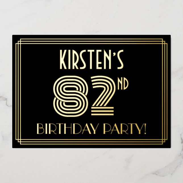 82nd Birthday Party — Art Deco Style “82” + Name Foil Invitation (Front)