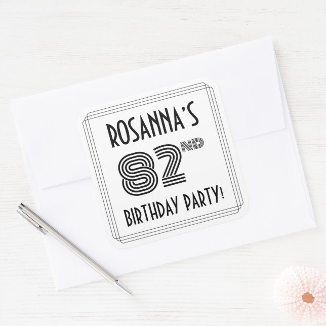 82nd Birthday Party: Art Deco Style + Custom Name Square Sticker (Envelope)